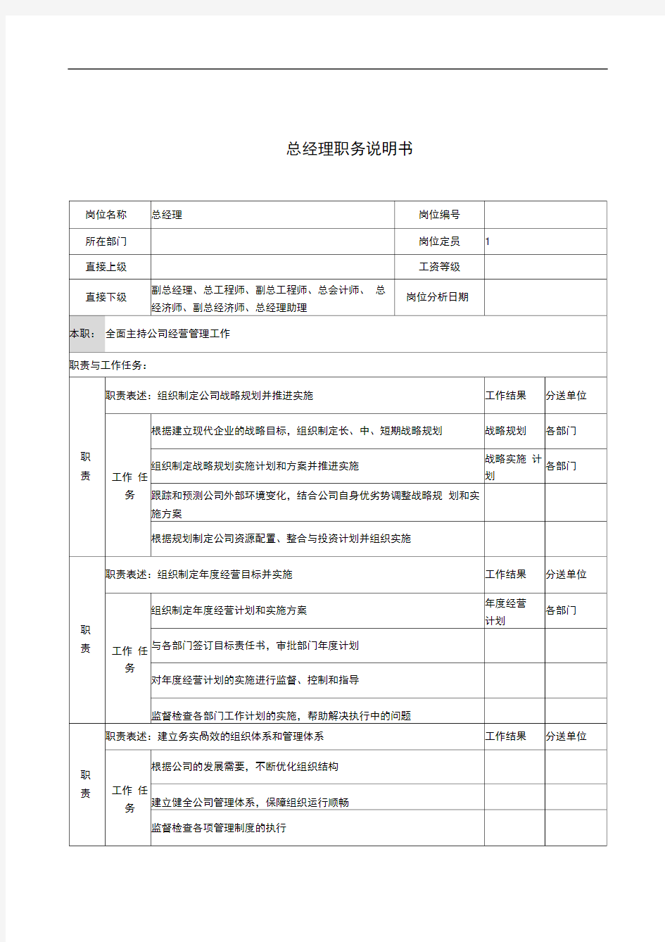 电力公司总经理岗位说明书