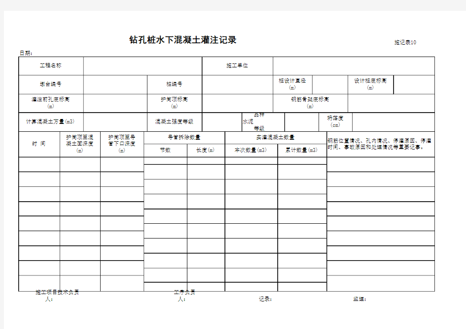 施记表10_钻孔桩水下混凝土灌注记录