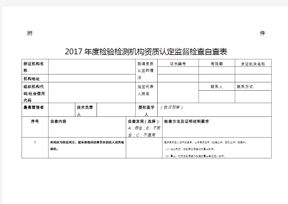 年度检验检测机构资质认定监督检查自查表