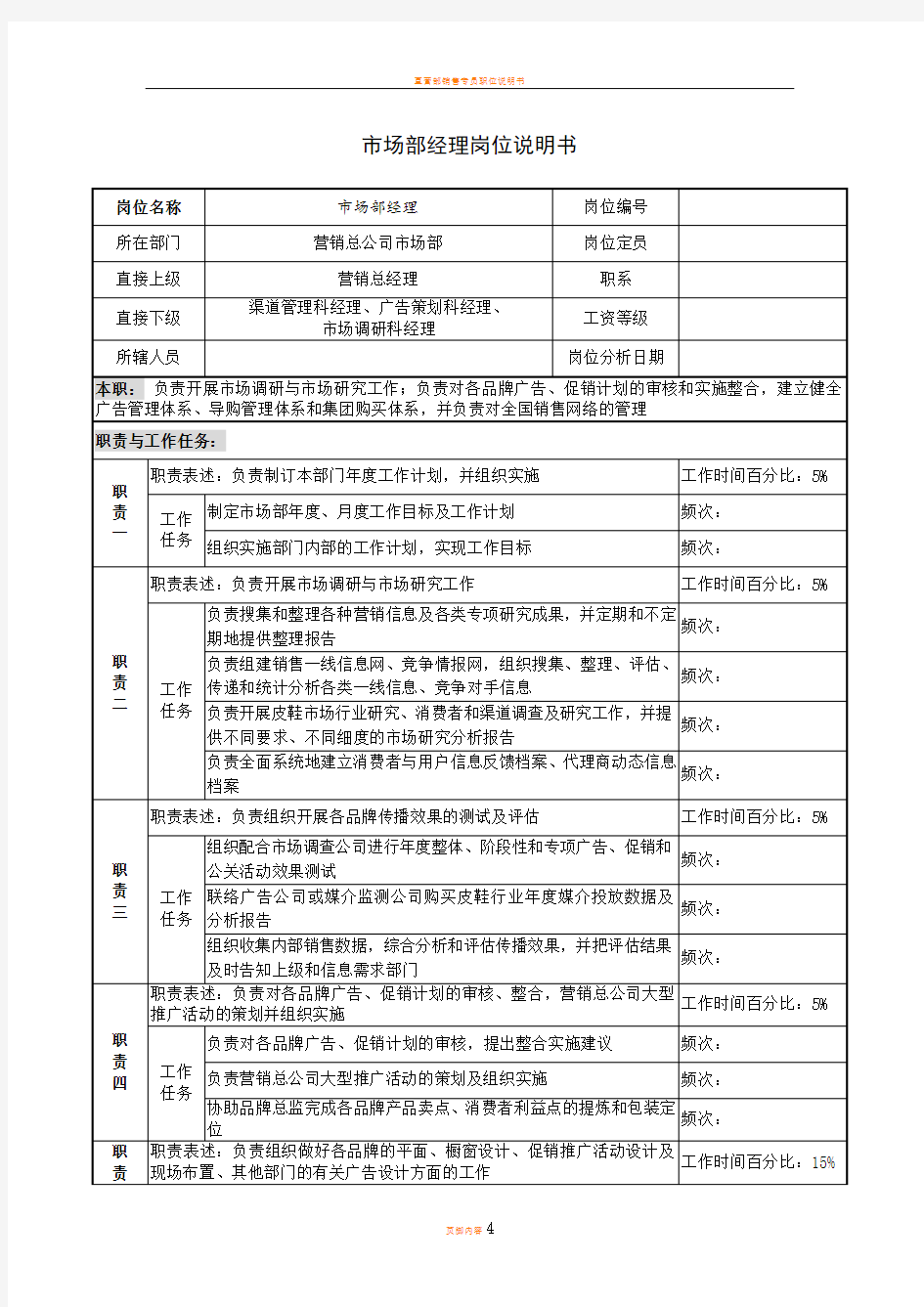 市场部经理岗位说明书