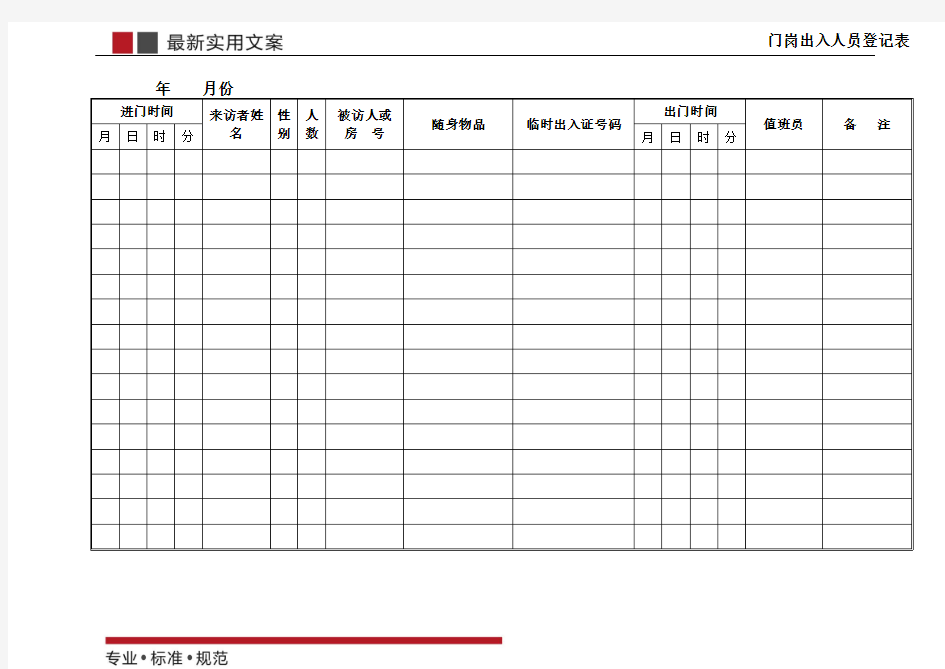 [物业管理]门岗进出人员登记表(标准范本)