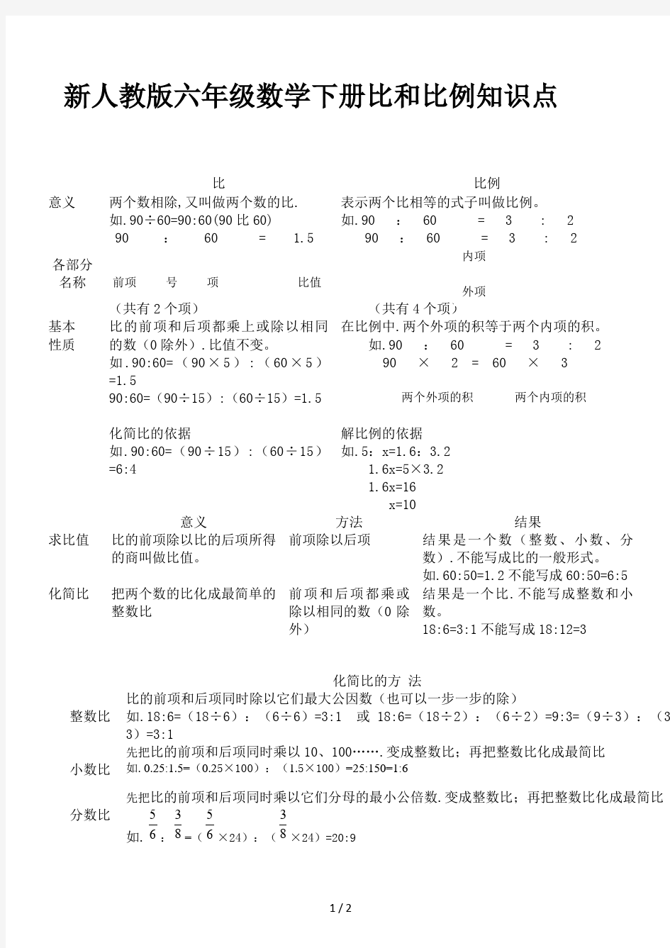 新人教版六年级数学下册比和比例知识点