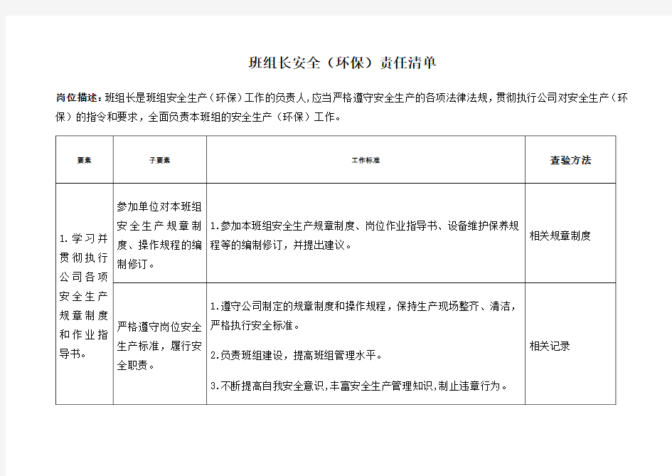 班组长安全环保责任清单