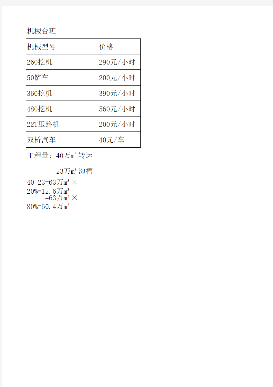 机械台班价格表电子版本