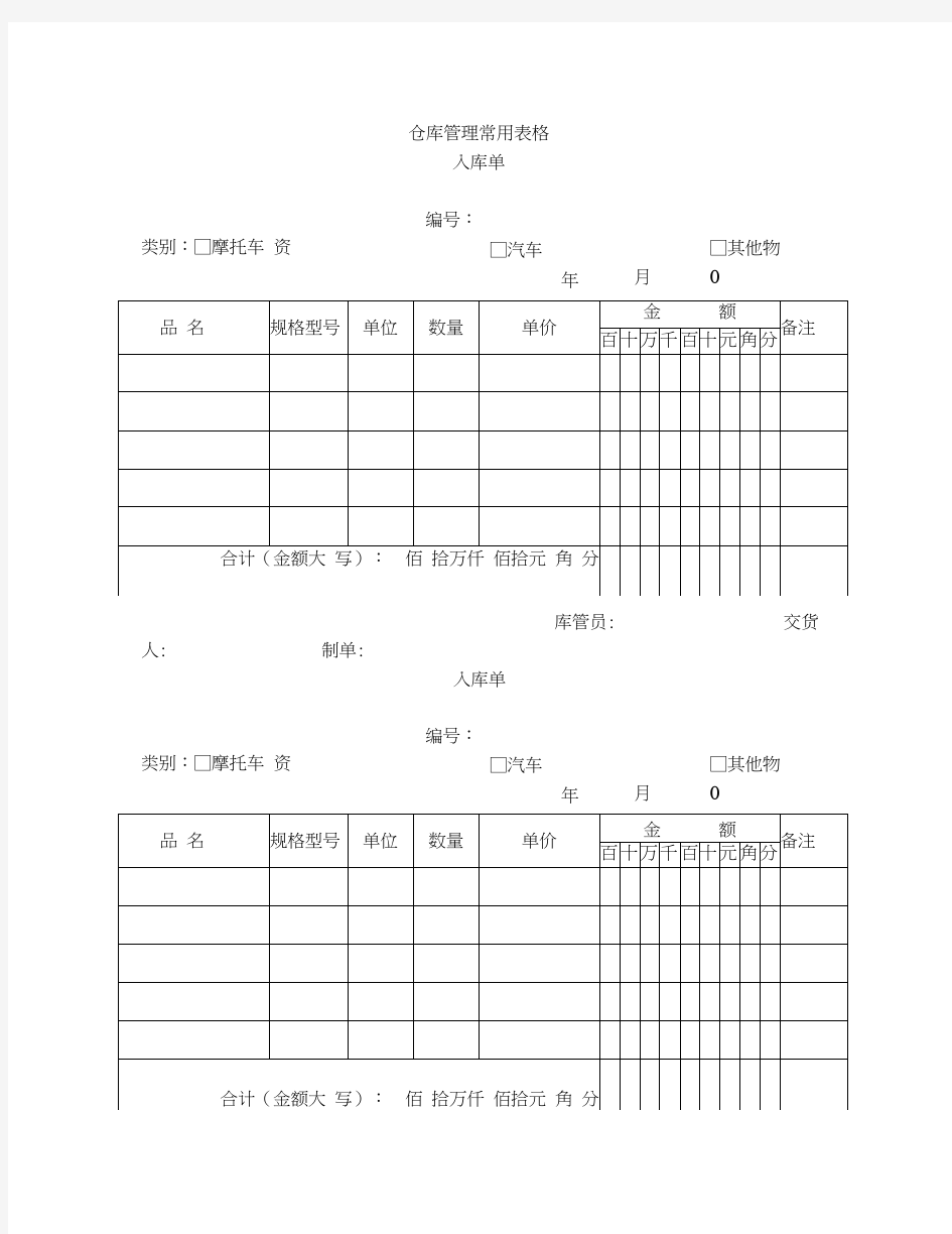 仓库管理常用表格