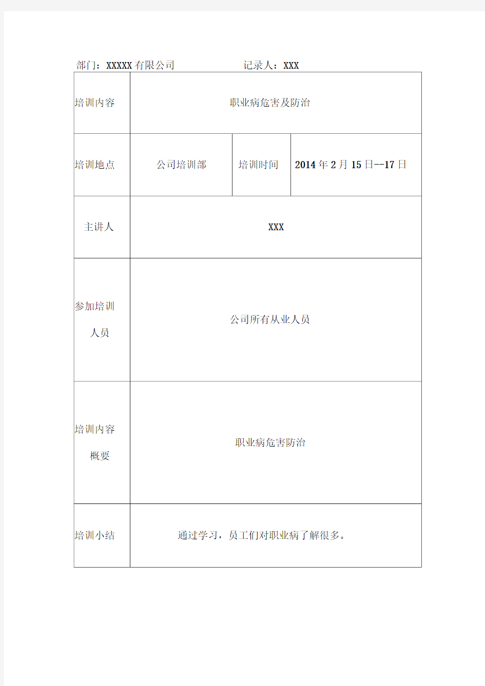 职业卫生培训记录表