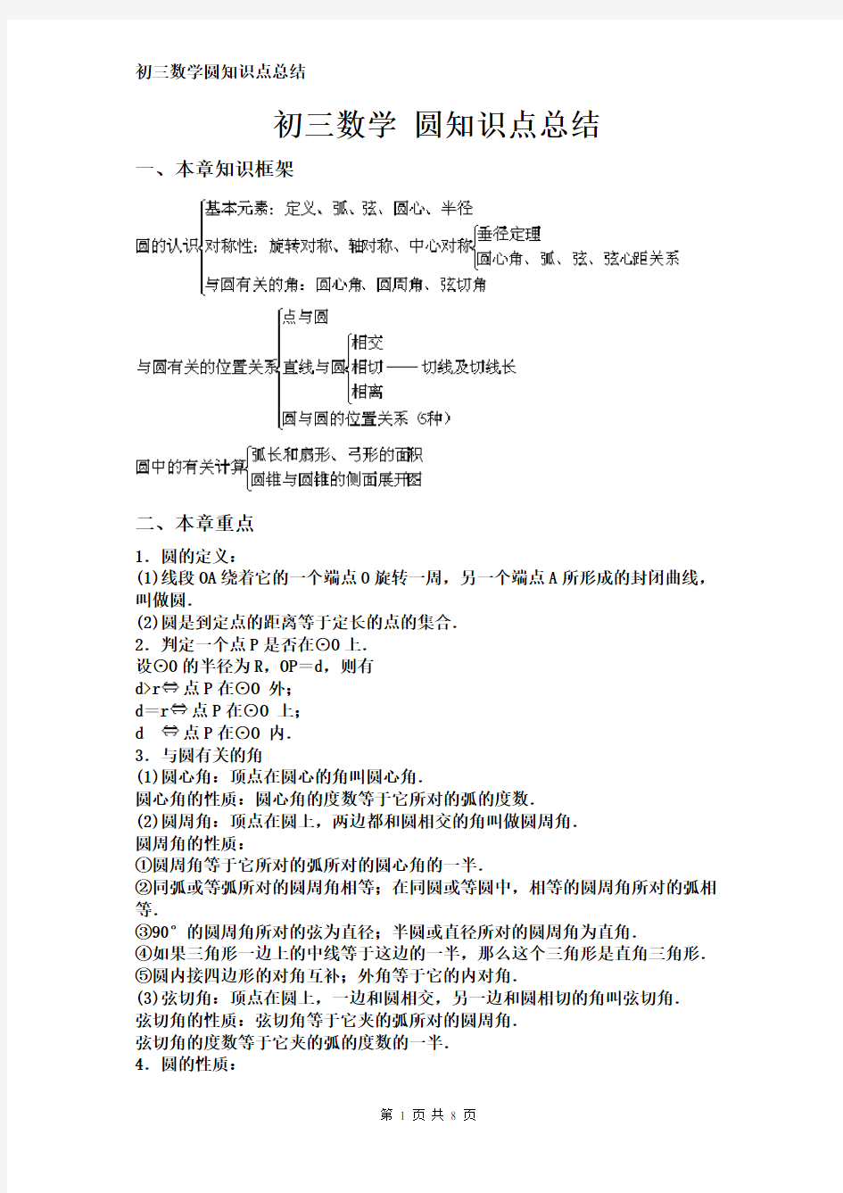 初三数学圆知识点总结