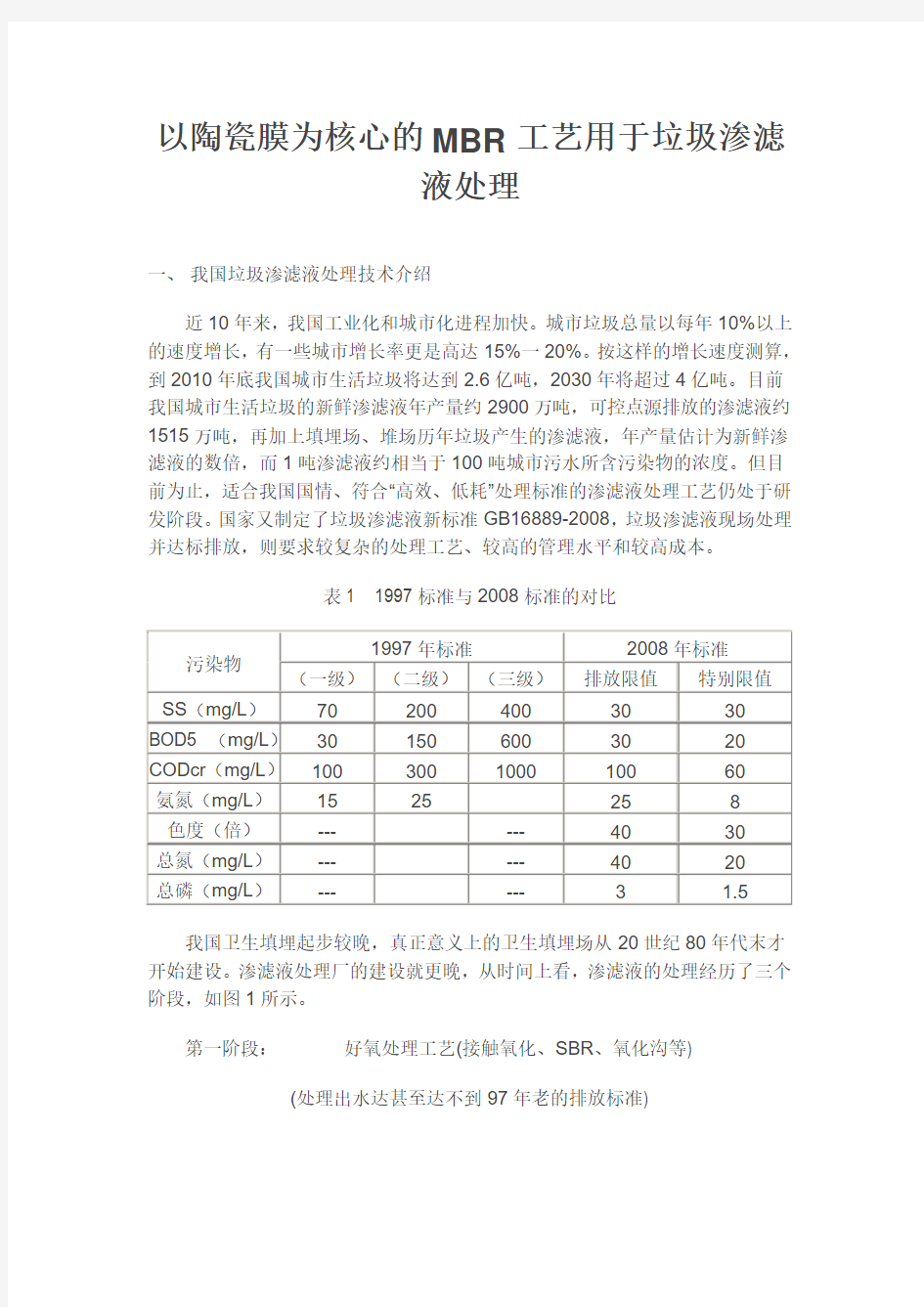 以陶瓷膜为核心的MBR工艺用于垃圾渗滤液处理