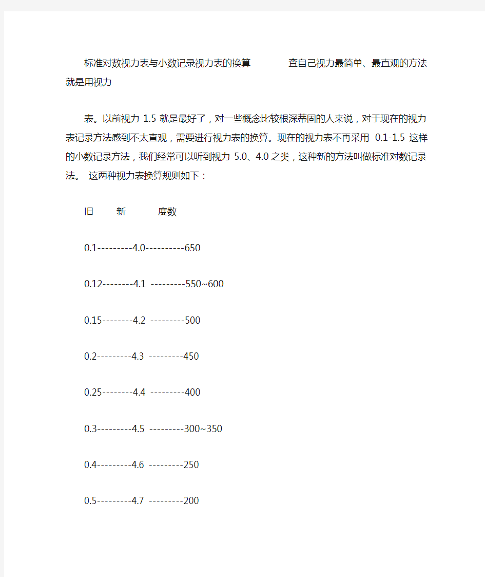 标准对数视力表与小数记录视力表的换算        查自己视力最简单