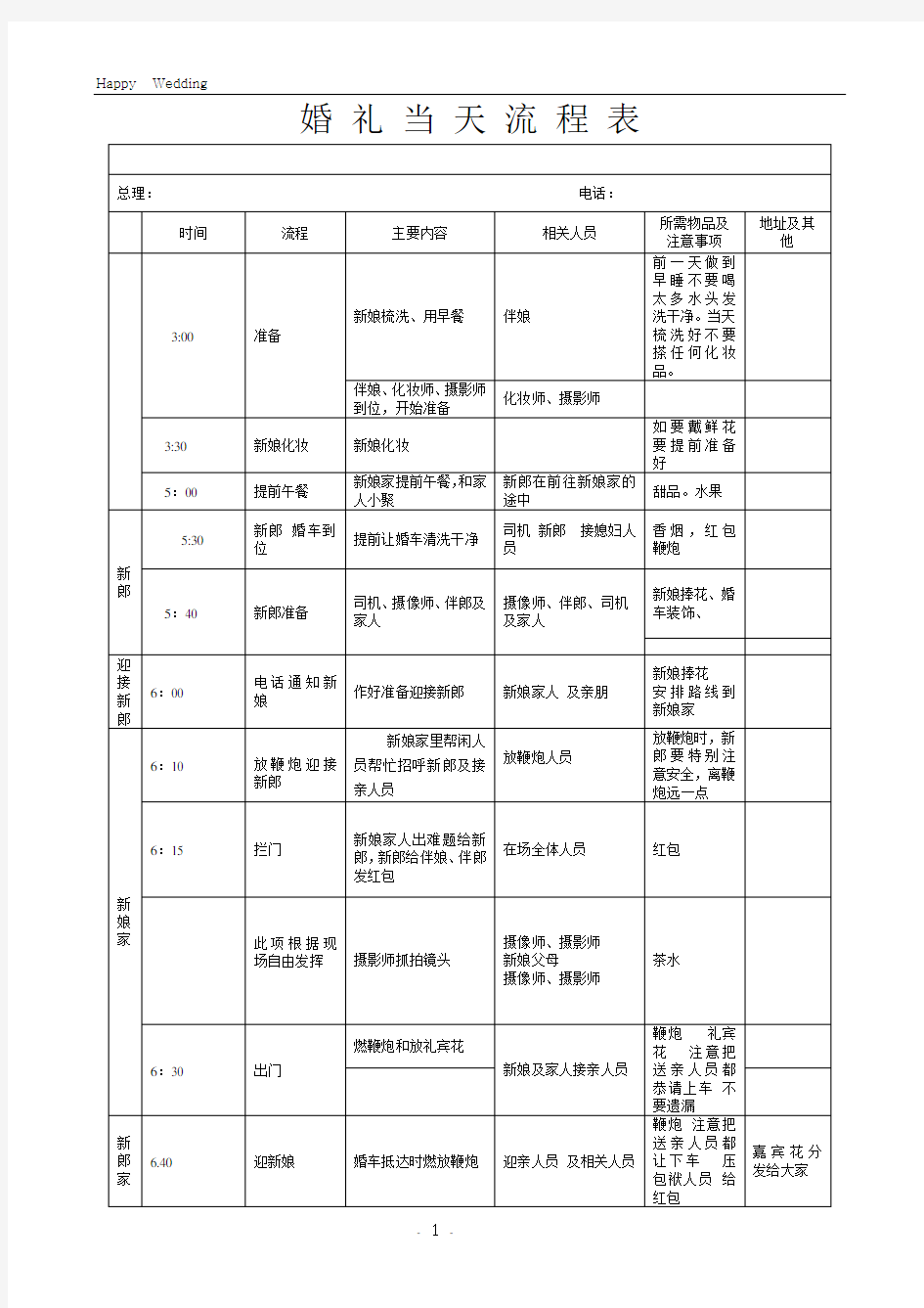 婚礼当天流程表(详细版)