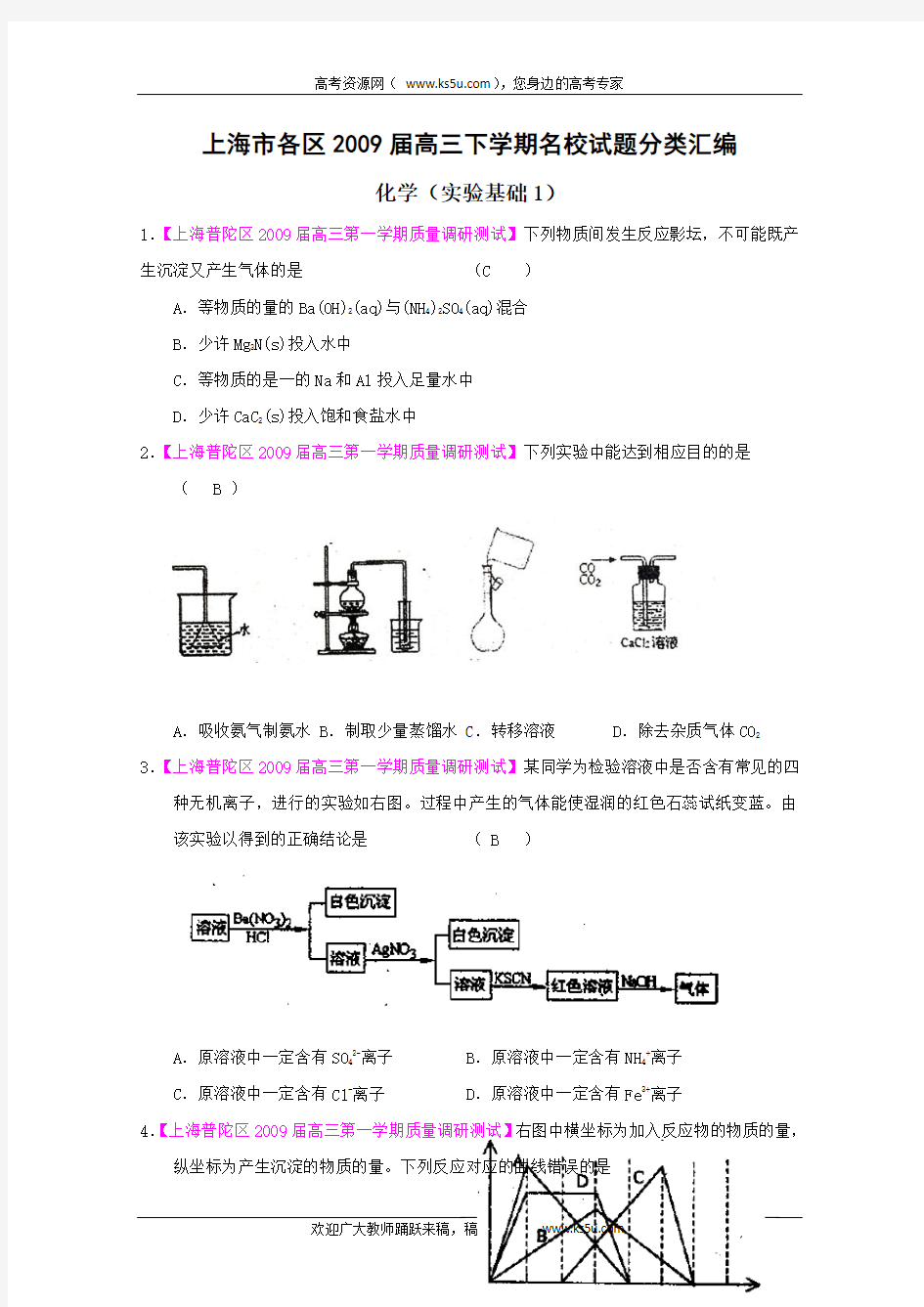 上海市各区2009届高三下学期名校试题化学分类汇编：实验基础1