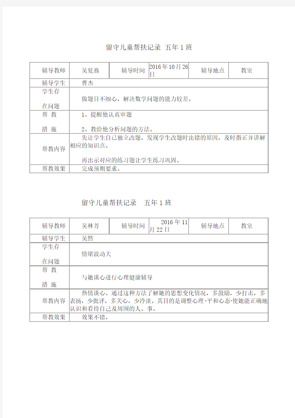 最新留守儿童帮扶记录