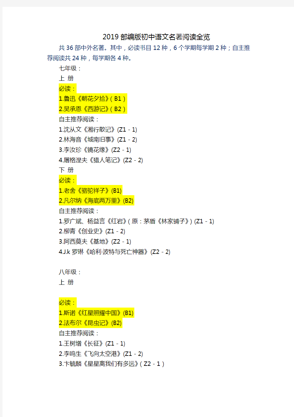 2019部编版初中语文名著阅读全览