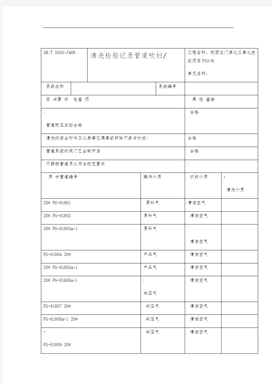 350J408管道吹扫清洗检验记录