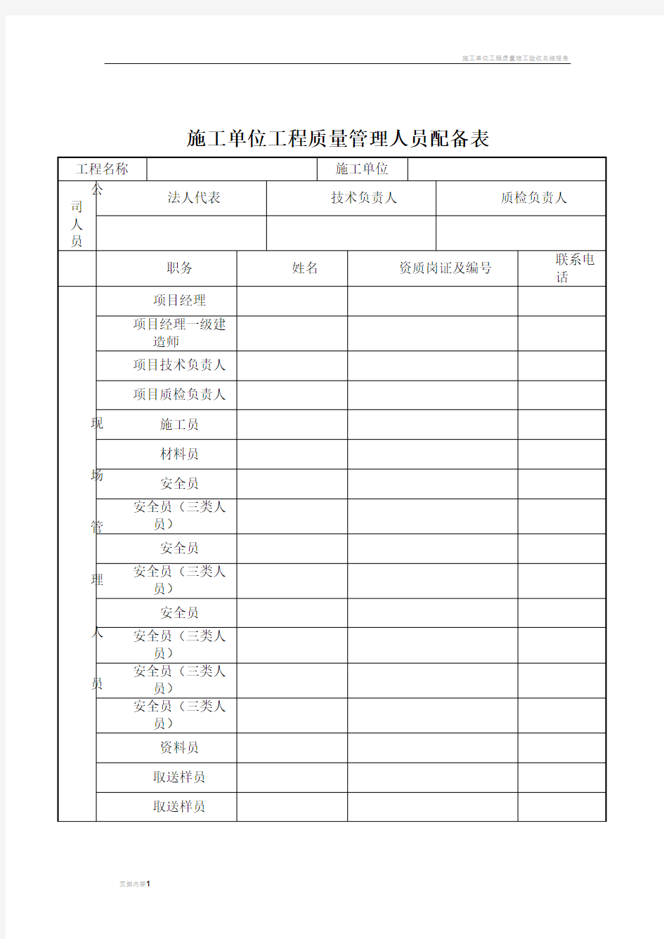 施工单位工程质量管理人员配备表