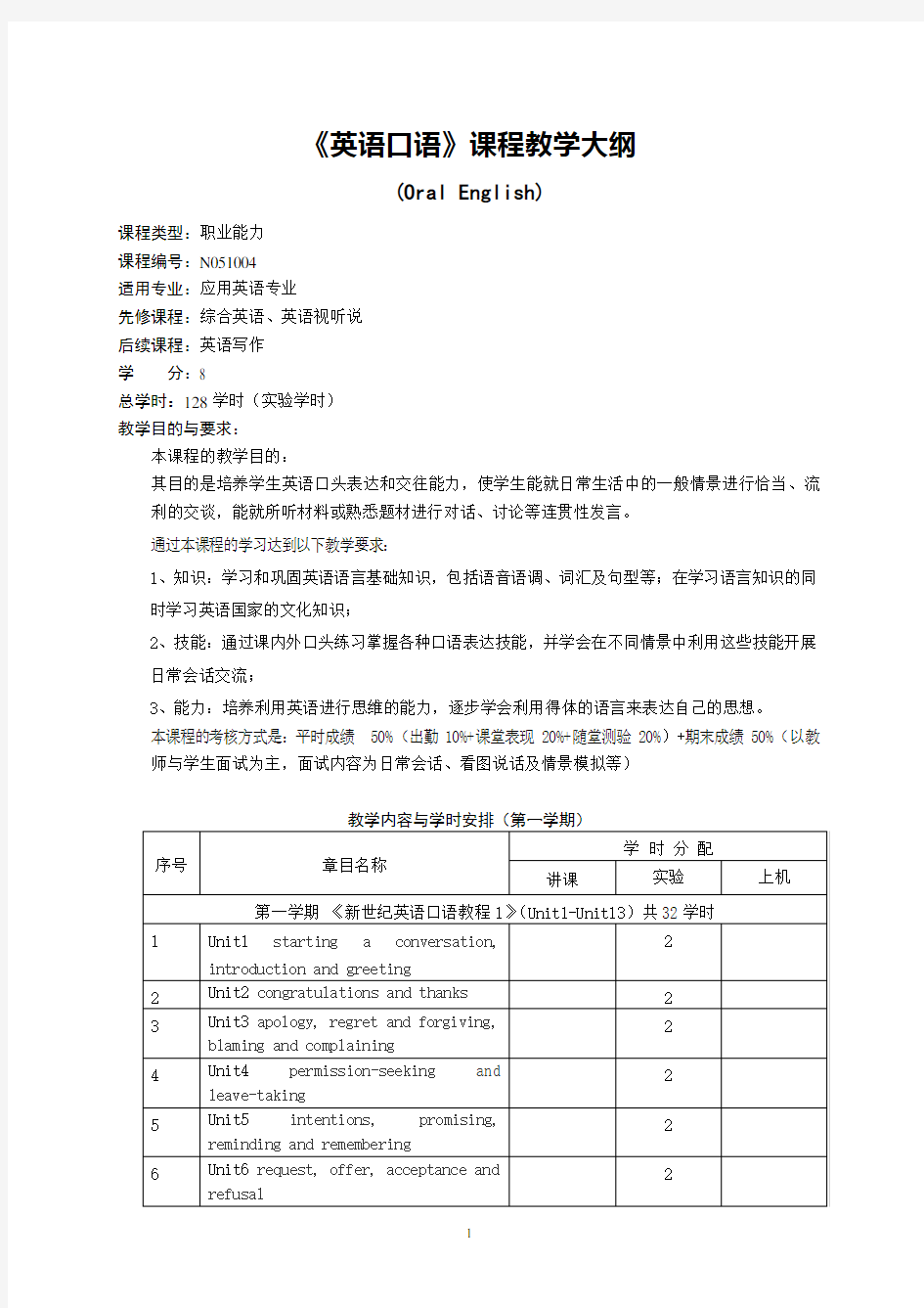 英语口语课程教学大纲