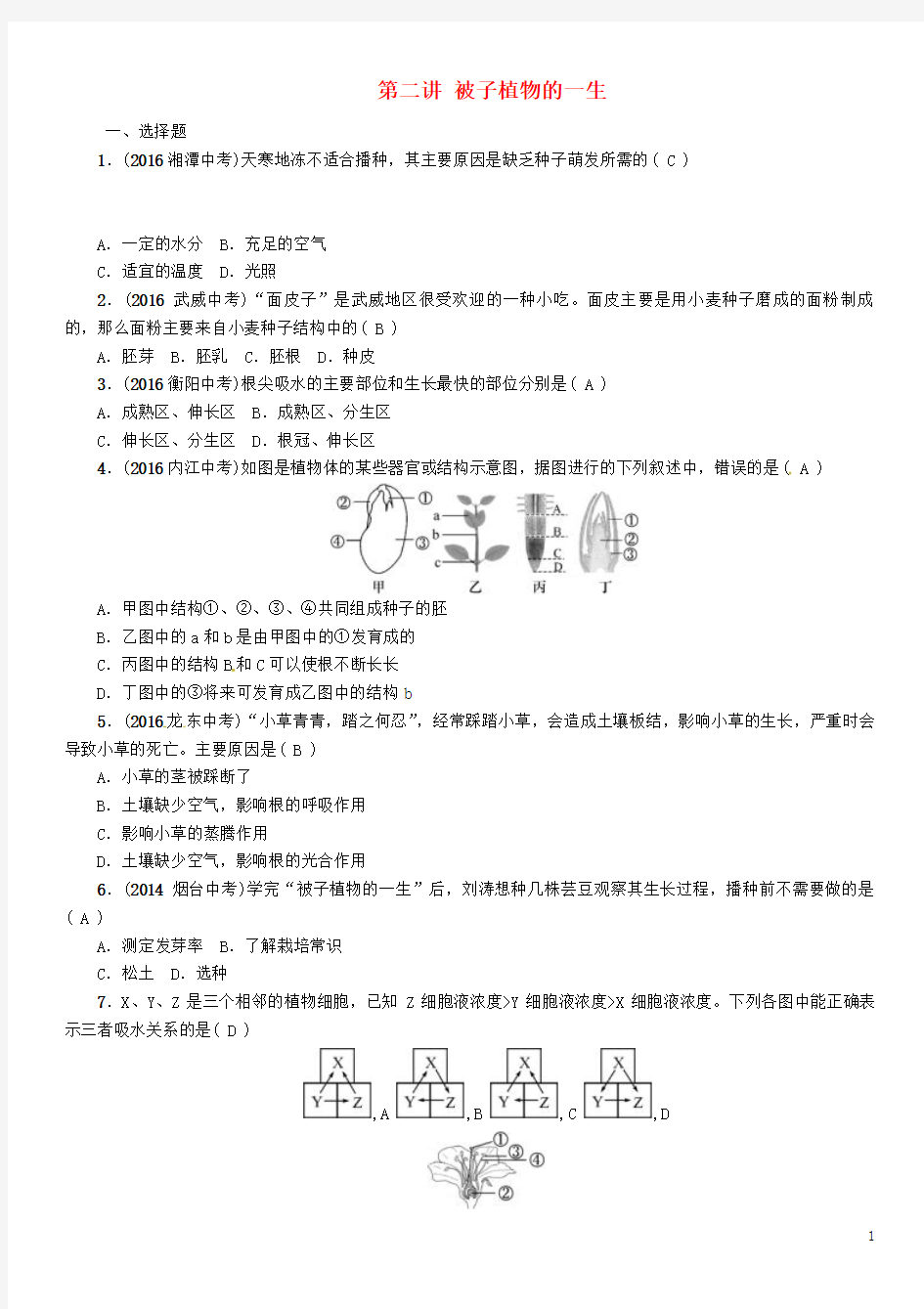 中考命题研究生物教材知识梳理第七单元生物圈中生命的延续和发展第二讲被子植物的一生精练20170103272