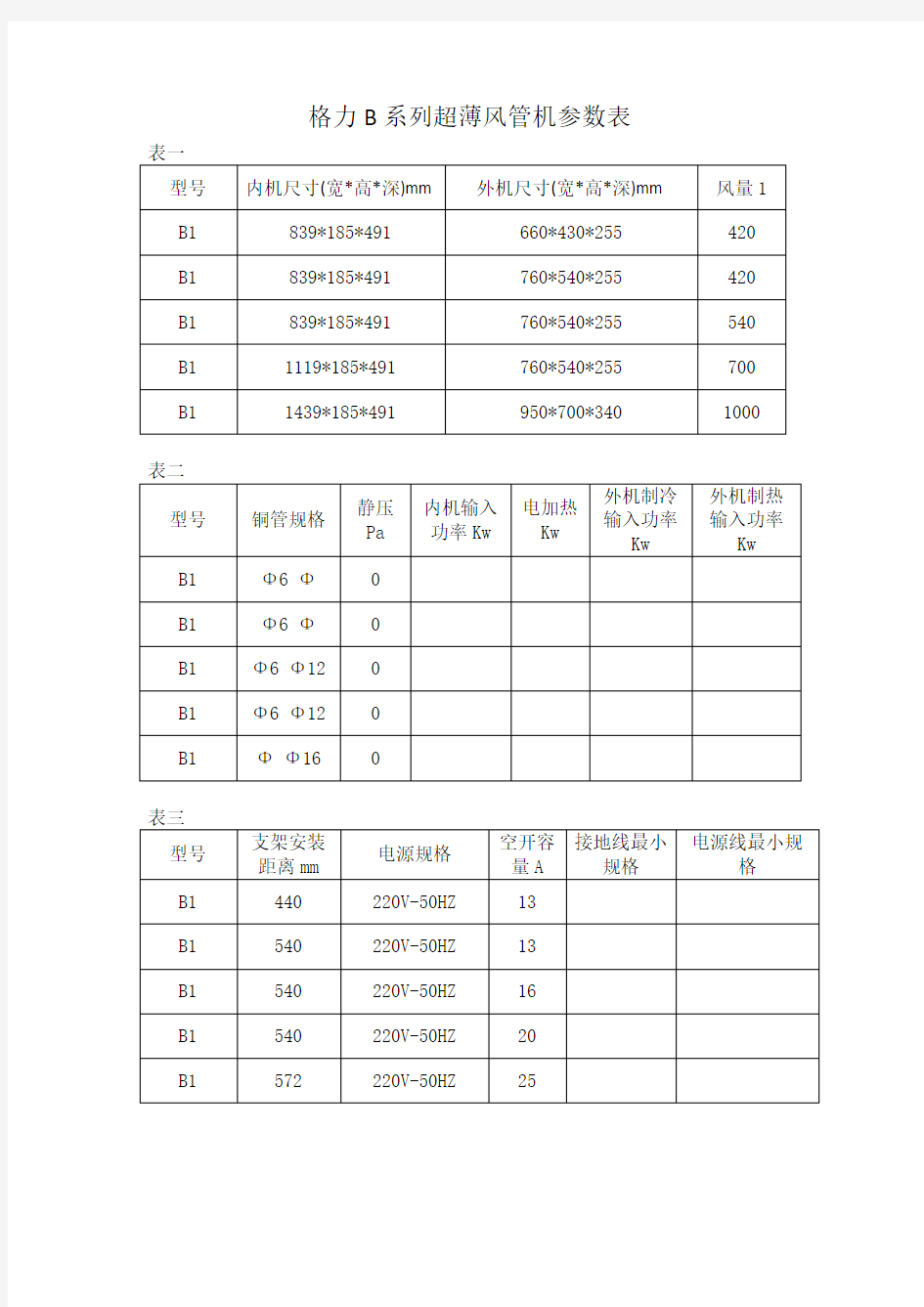 格力风管机参数表