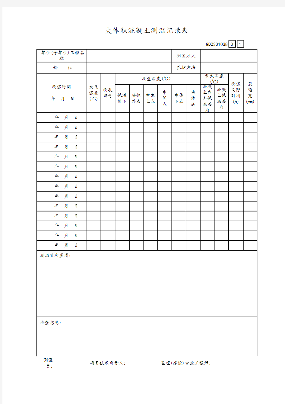 大体积混凝土测温记录表