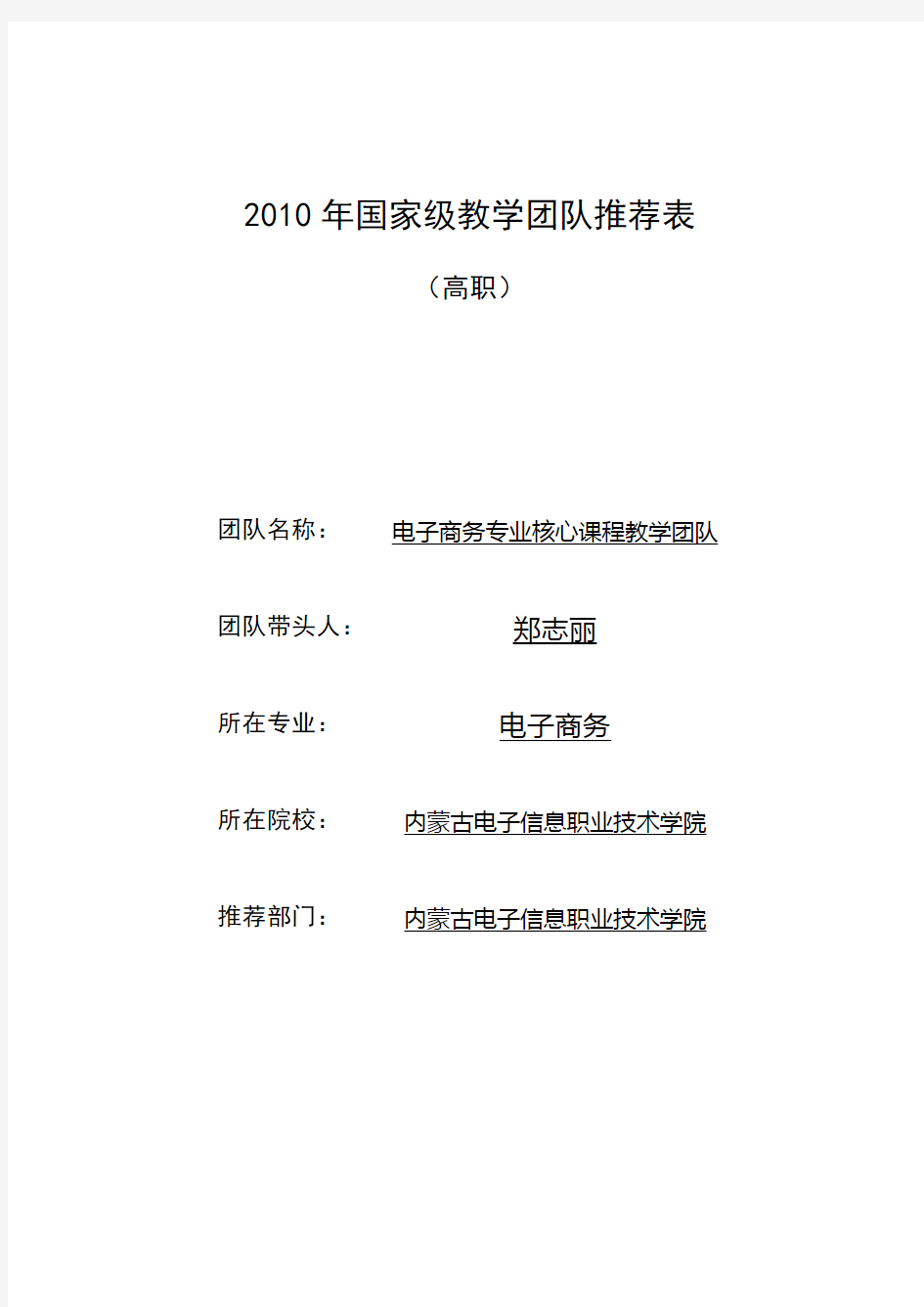 优秀教学团队推荐表电子商务专业