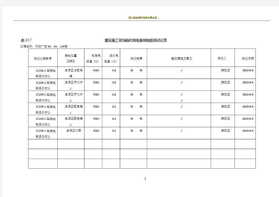 施工现场临时用电接地电阻测试值