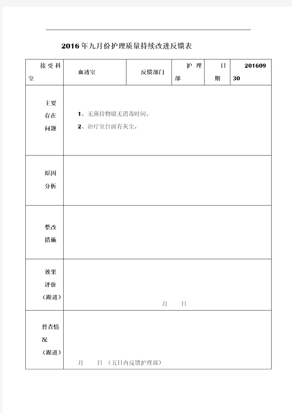 2016年血透室护理质量持续改进反馈表