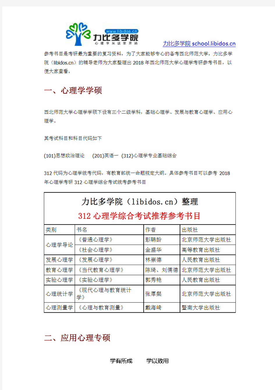 2019年西北师范大学心理学考研参考书目