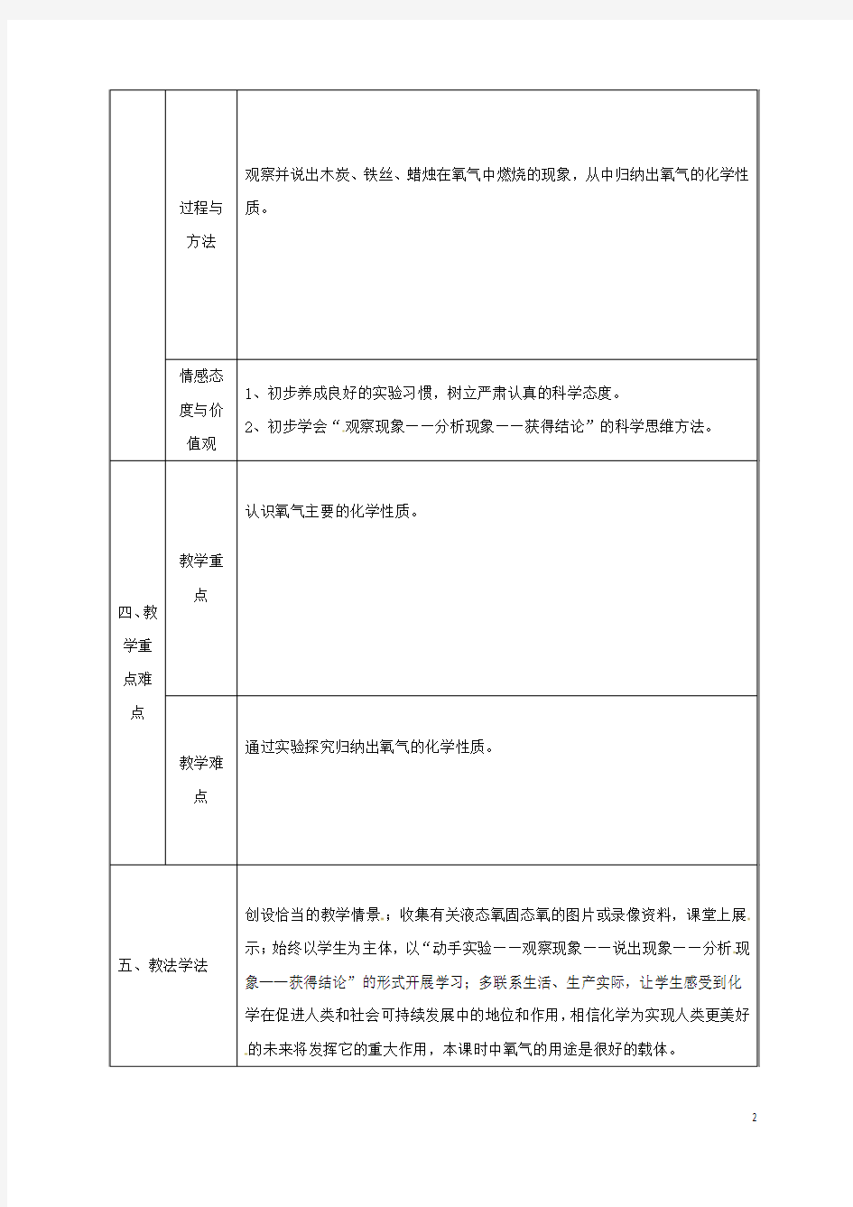 九年级化学上册3.1氧气的性质和用途教案1(新版)粤教版