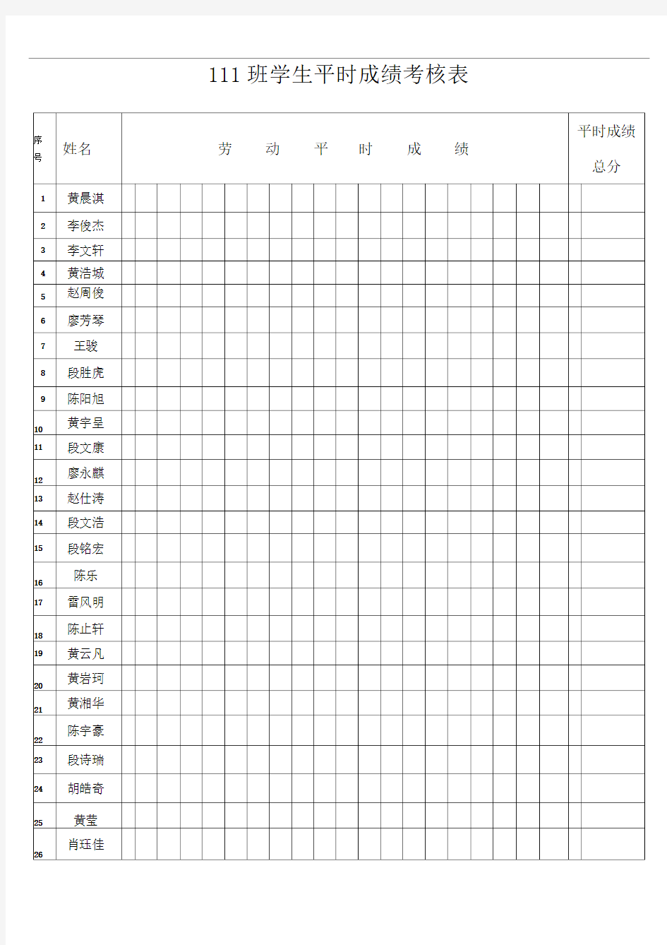 学生平时成绩考核表