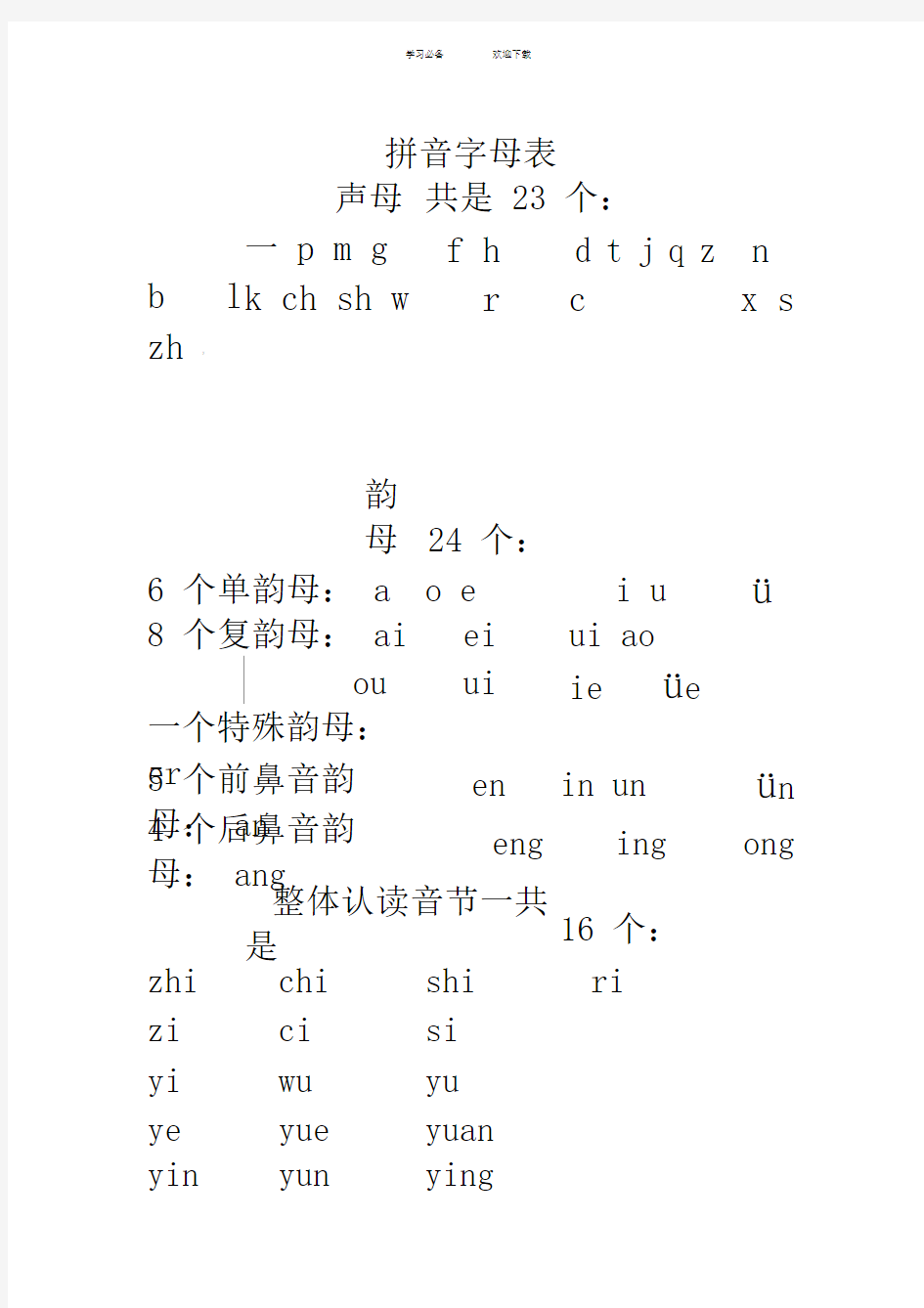 一年级语文拼音字母表