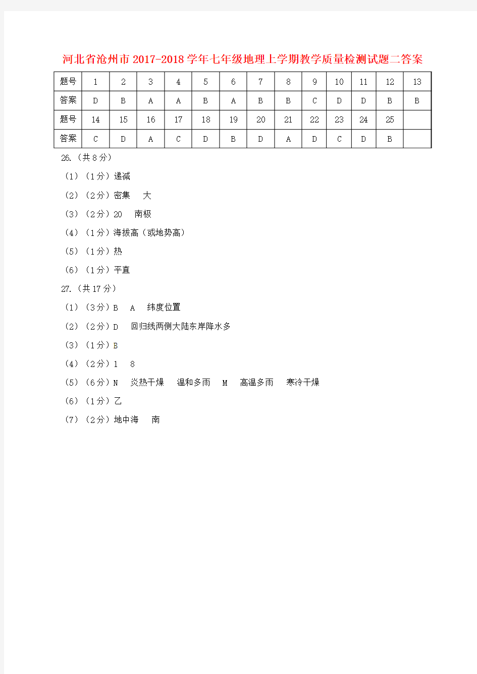 七年级地理上学期教学质量检测试题二答案 新人教版