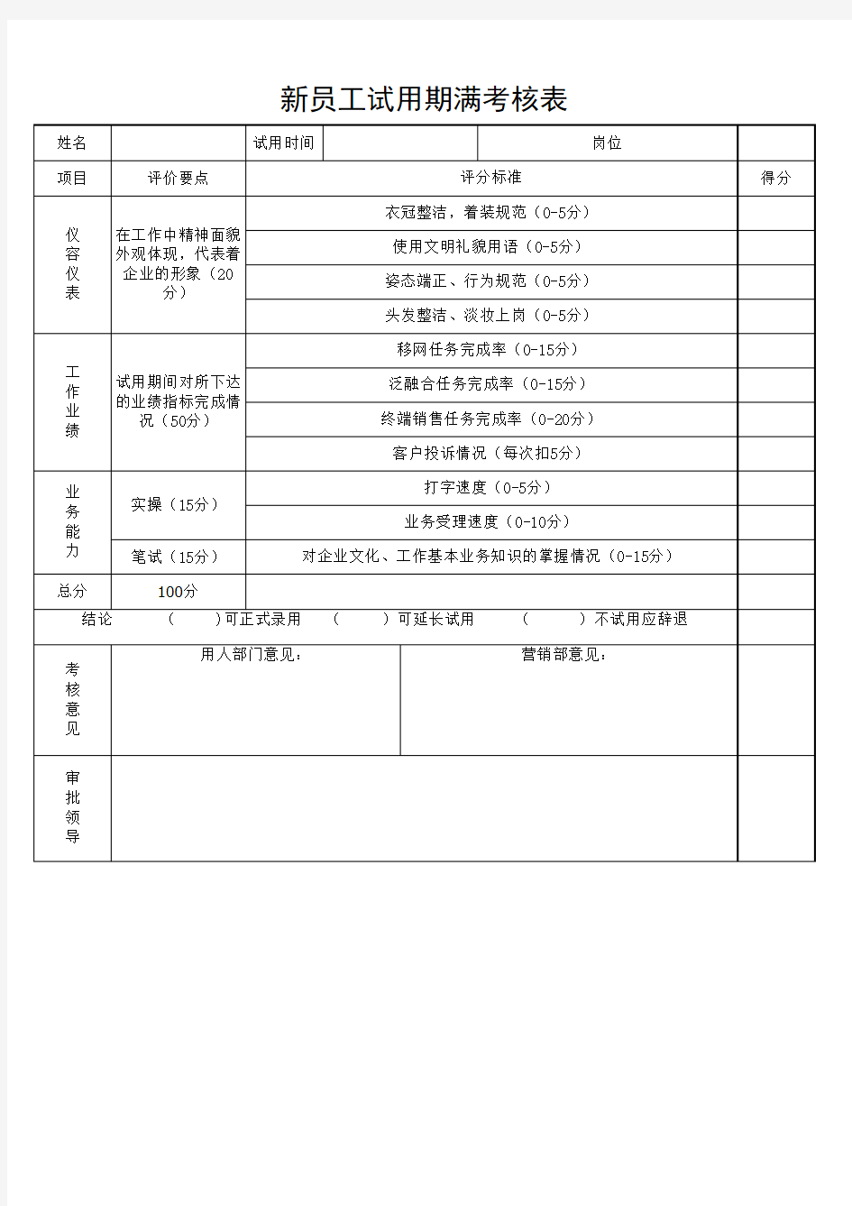 新员工入职考核表