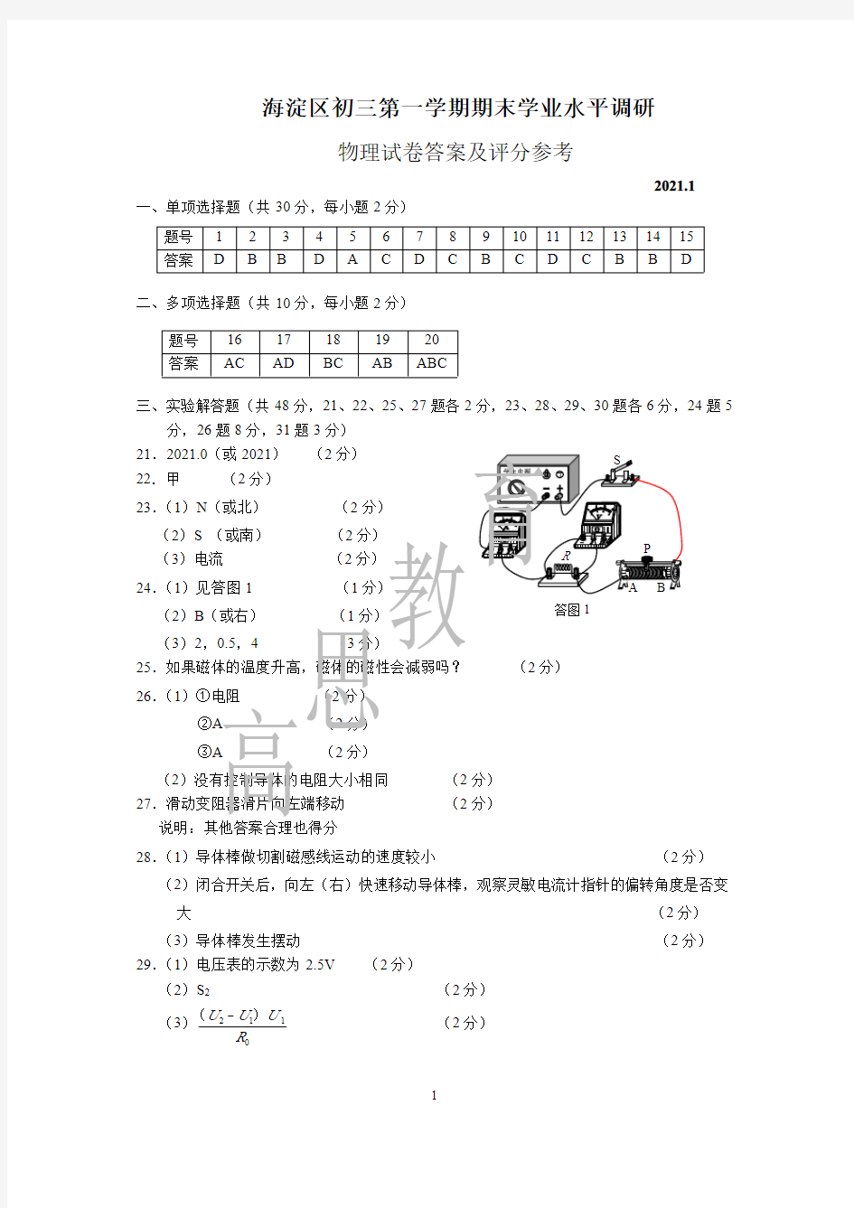 2021年海淀区初三上物理答案