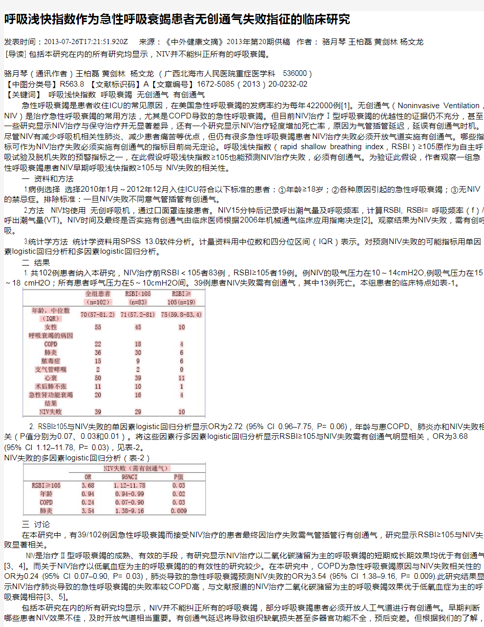 呼吸浅快指数作为急性呼吸衰竭患者无创通气失败指征的临床研究