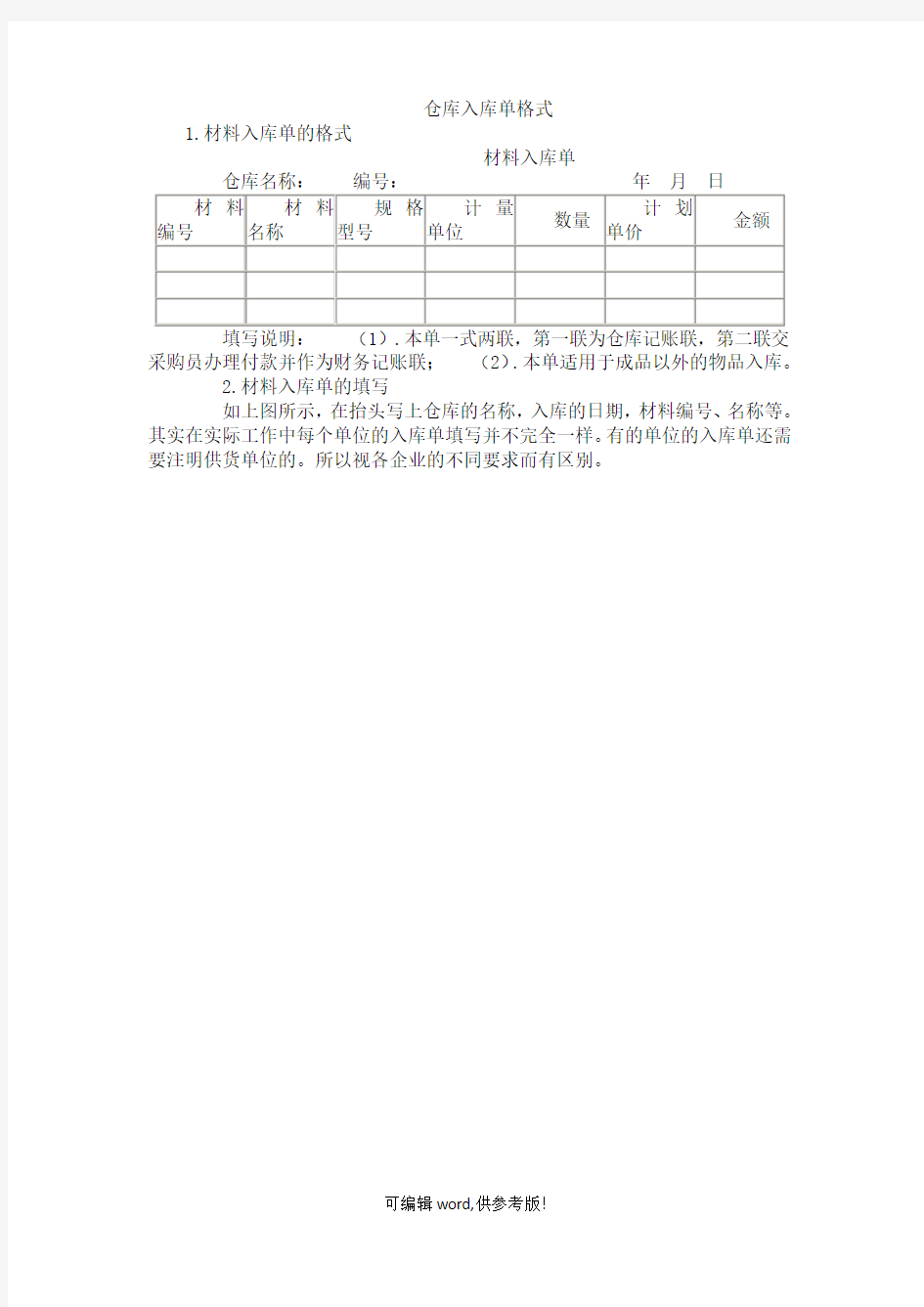 仓库入库单格式