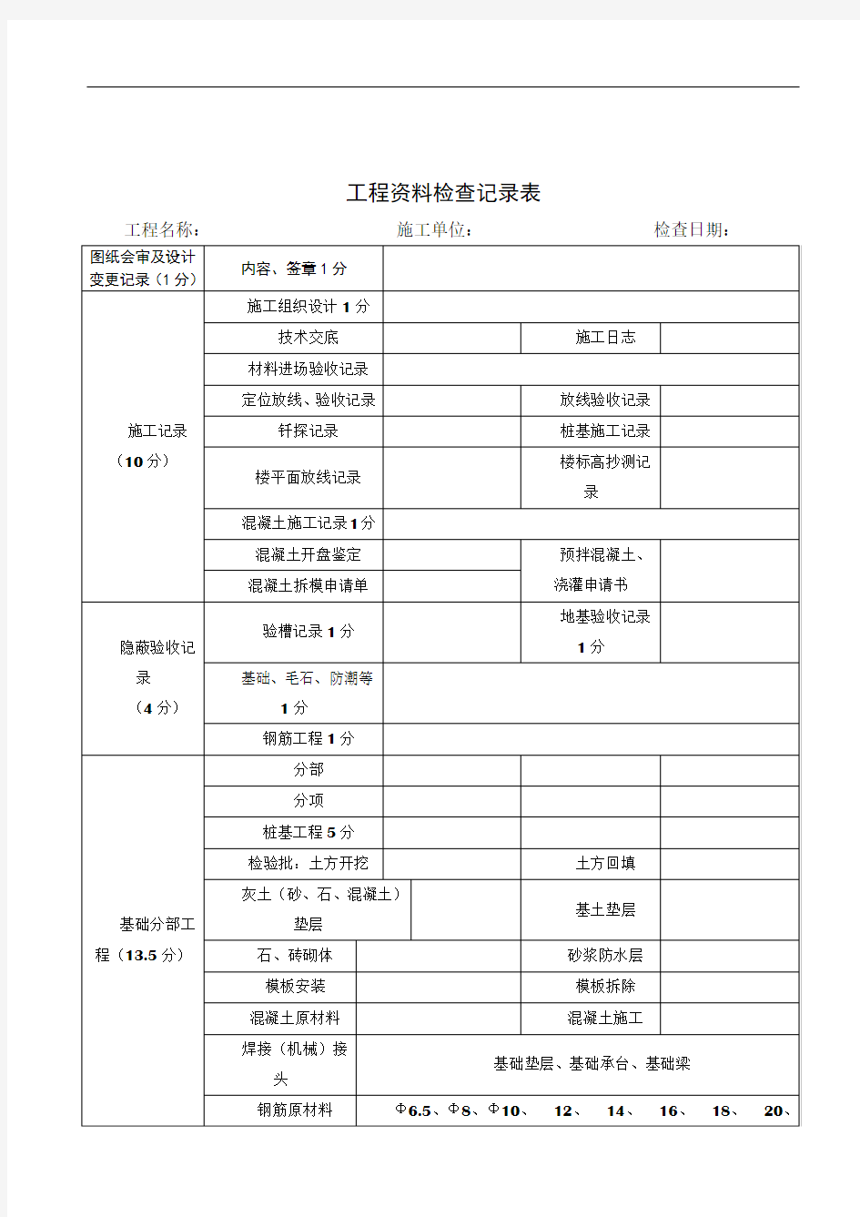 工程资料检查记录表