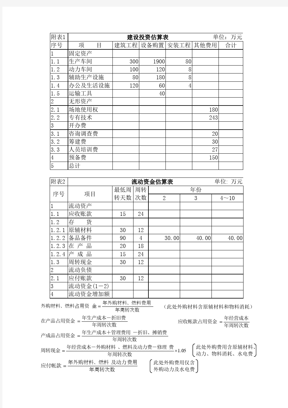 投资估算表最新与流动资金估算表