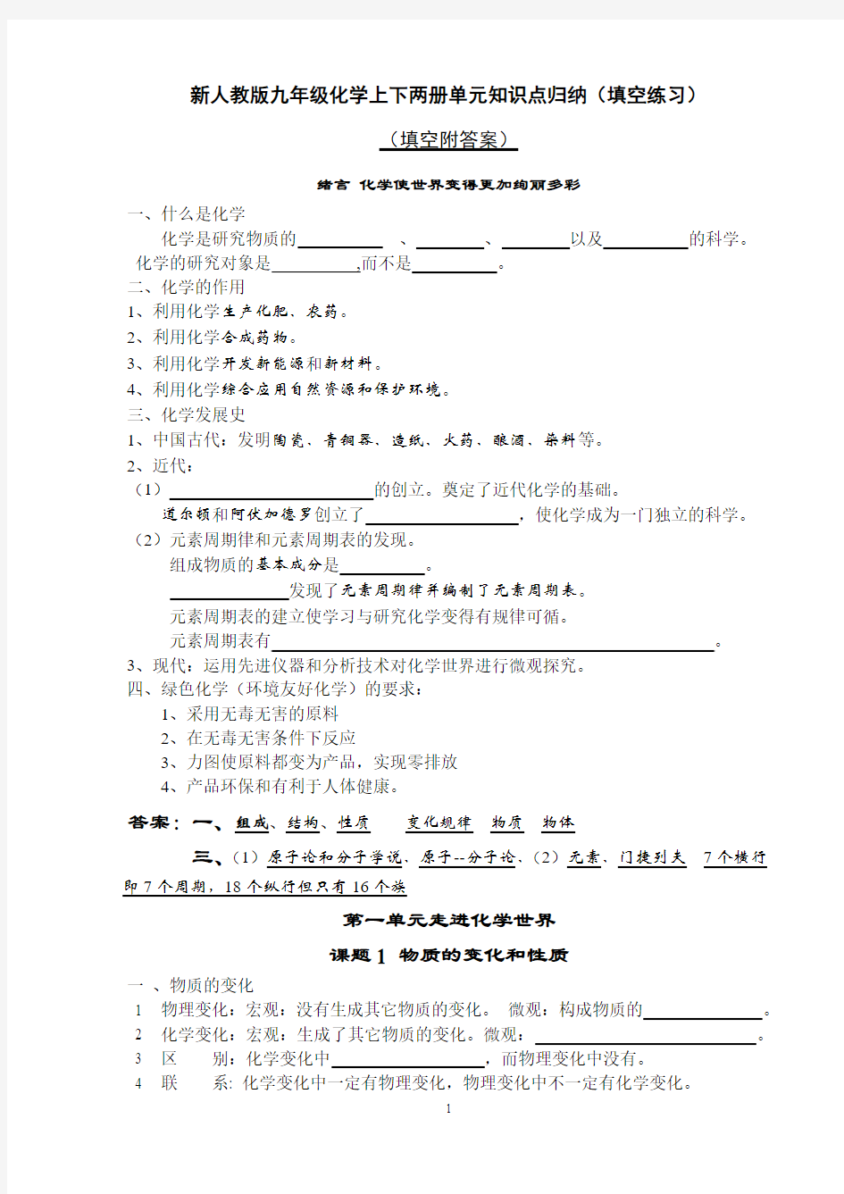 新人教版九年级化学上下两册单元知识点归纳(填空练习)