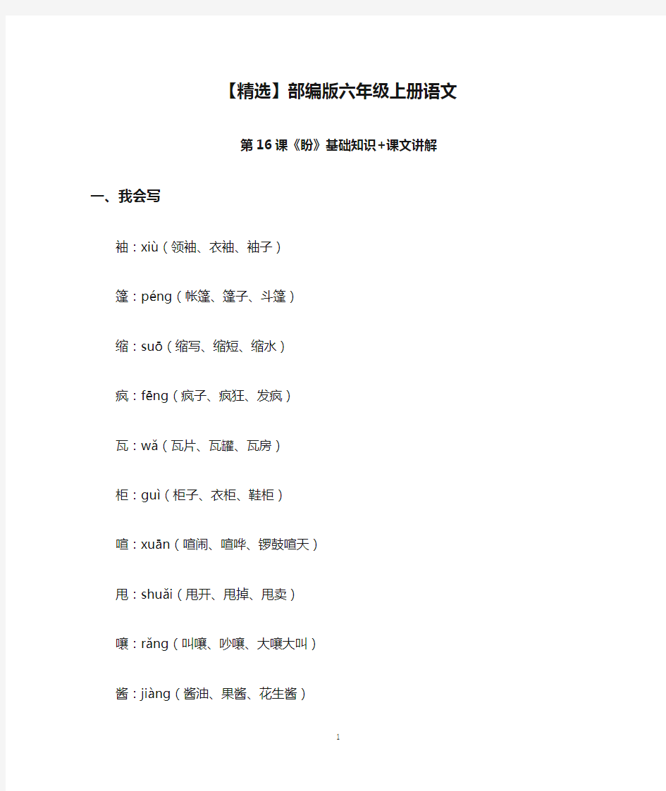 【精选】部编版六年级上册语文第16课《盼》基础知识+课文讲解