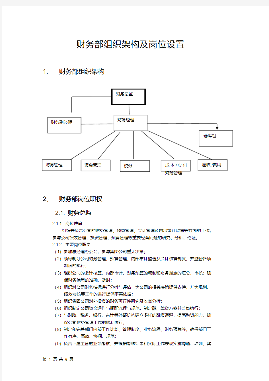 财务部组织架构及岗位设置1