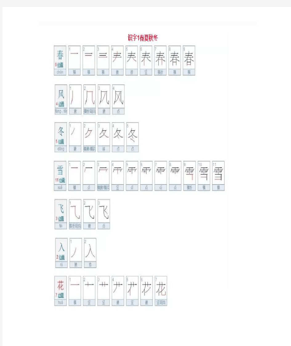 2018年春一年级下册生字笔顺表(含笔顺名称)