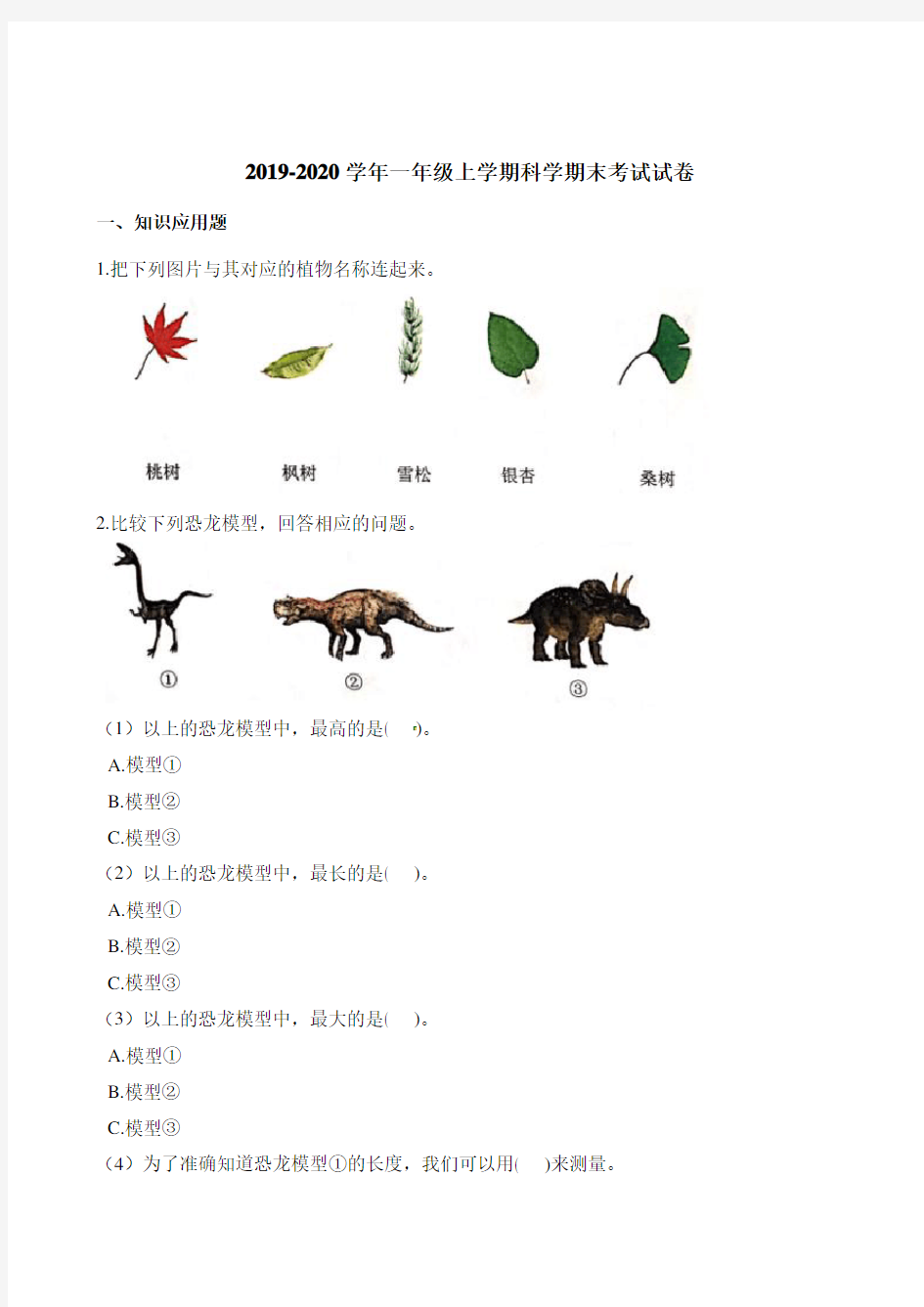 一年级上册科学试题-期末考试试卷