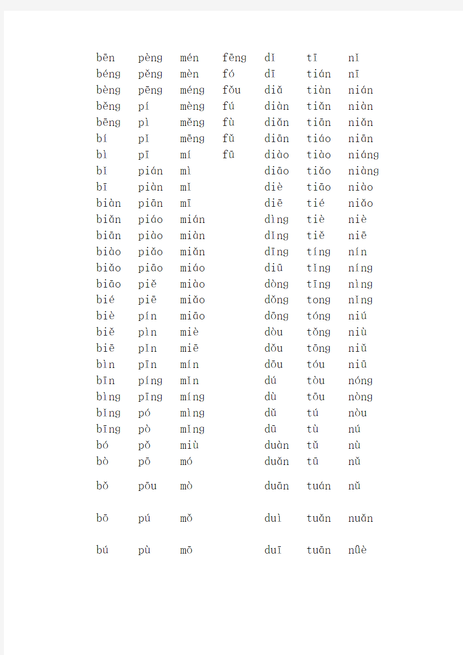 汉语拼音音节表(带声调)