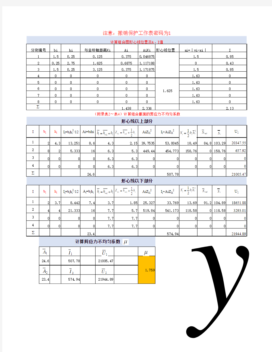 计算组合截面面积、惯性距及剪应力不均匀系数表格