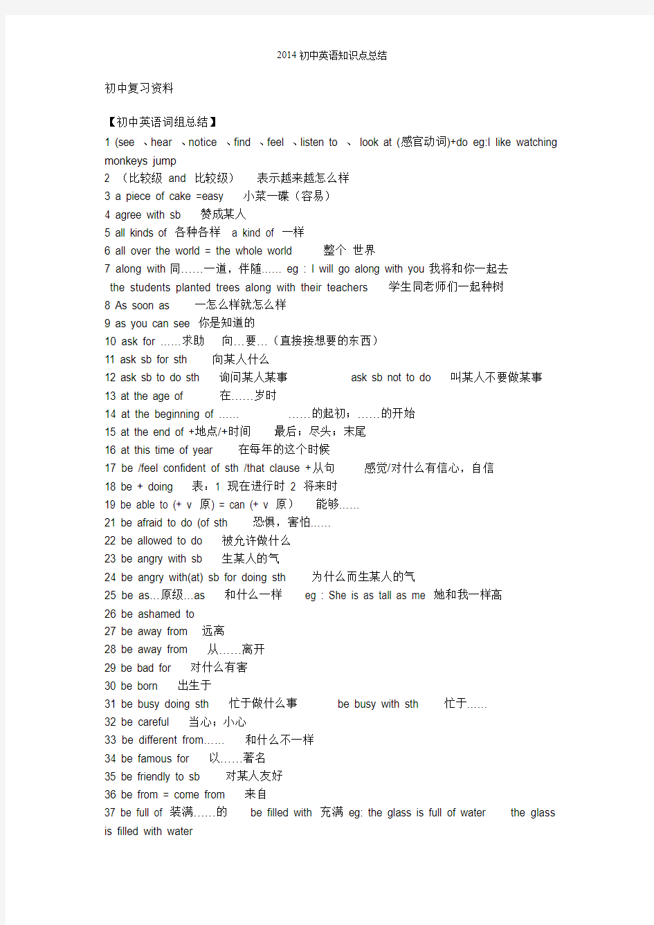 2014中考初中英语知识点总结