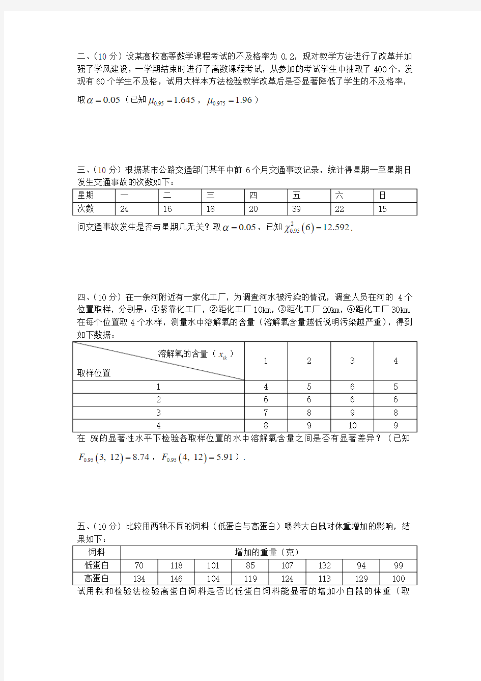 (同济大学)应用统计往届试题(-7-10共五套真题)