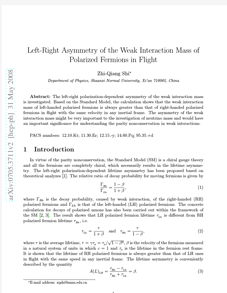 Left-Right Asymmetry of Weak Interaction Mass of Polarized Fermions in Flight