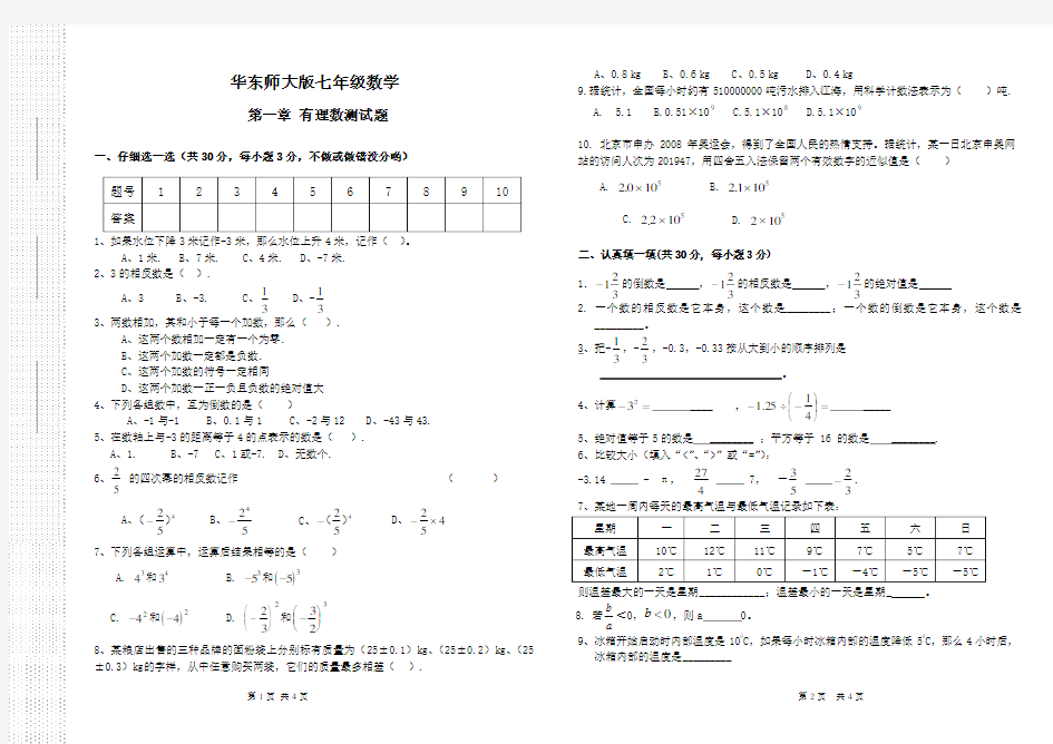 华东师大版七年级数学有理数检测题