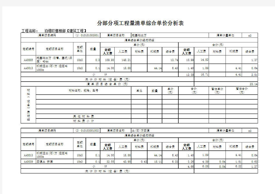 综合单价分析表