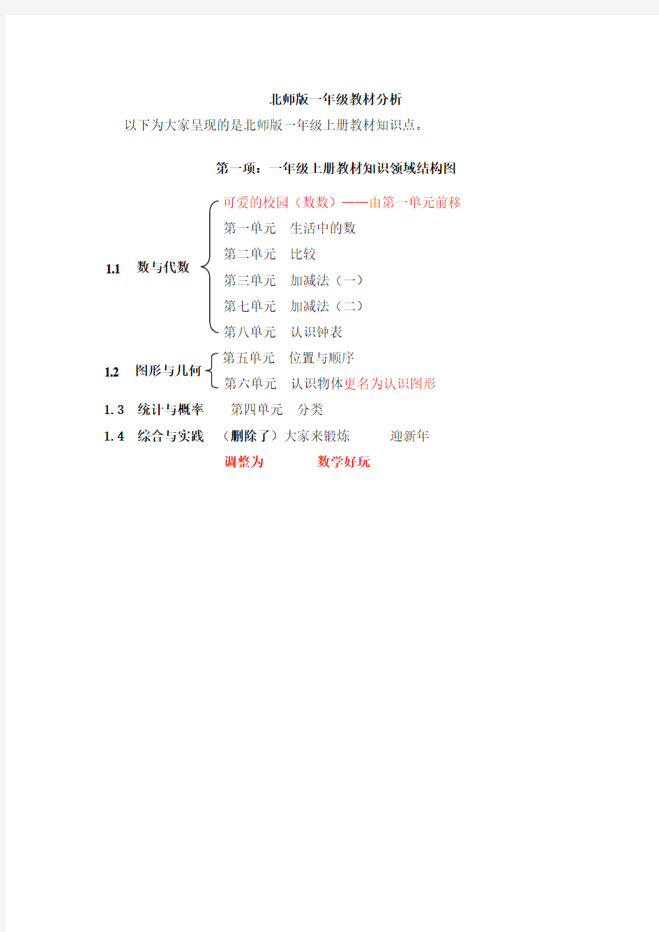 北师大小学一年级上册数学知识点归纳